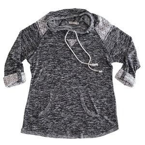 Chance or Fate XL Lightweight Sweater Hoodie Cowl Neck Gray Lace Roll up Sleeves